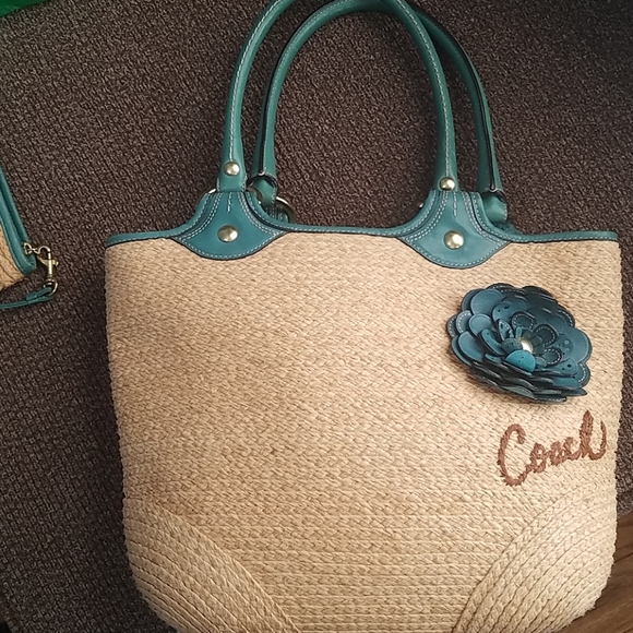 Coach Bleeker straw and turquoise leather set - Picture 2 of 8